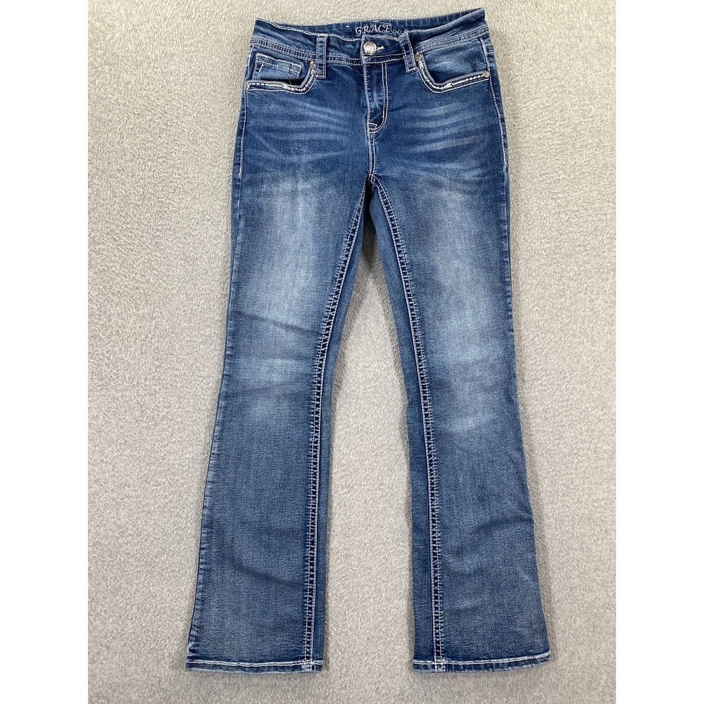 GRACE in LA Jeans Womens Sz 27 Blue Denim Stretch Rhinestone Bootcut Medium Wash
